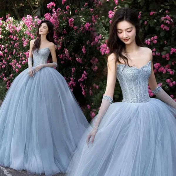 Blue Beaded Strapless Sweet 16 Dress