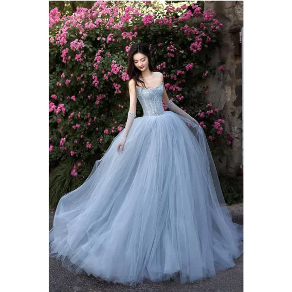 Blue Beaded Strapless Sweet 16 Dress