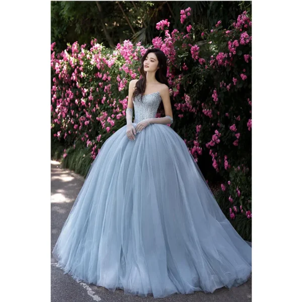 Blue Beaded Strapless Sweet 16 Dress