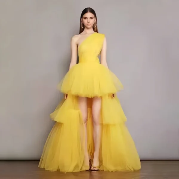 Yellow One-Shoulder High-Low Sweet 16 Tulle Dress