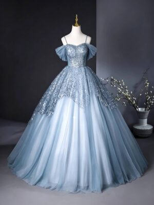 Blue Lace Applique Tulle Sweet 16 Dress
