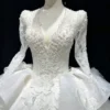 Luxury Long Sleeve Lace Ball Gown - Plunging V-Neck
