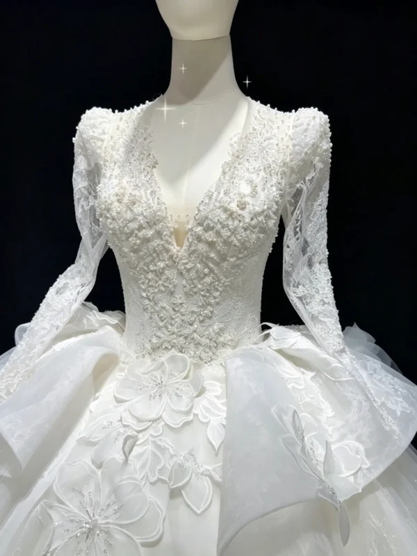 Luxury Long Sleeve Lace Ball Gown - Plunging V-Neck