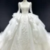 Luxury Long Sleeve Lace Ball Gown - Plunging V-Neck