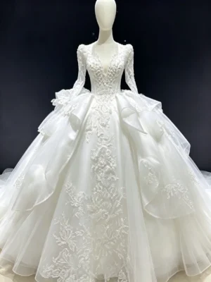 Luxury Long Sleeve Lace Ball Gown - Plunging V-Neck