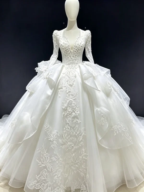 Luxury Long Sleeve Lace Ball Gown - Plunging V-Neck
