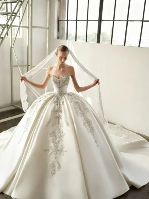 Embroidered Satin Wedding Dress with Crystal Corset