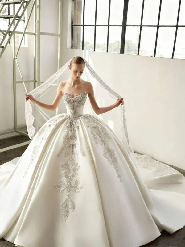 Embroidered Satin Wedding Dress with Crystal Corset