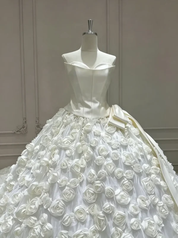 Luxury Sleek Bodice Wedding Dress with Voluminous All-Over Floral Rosette Ball Gown