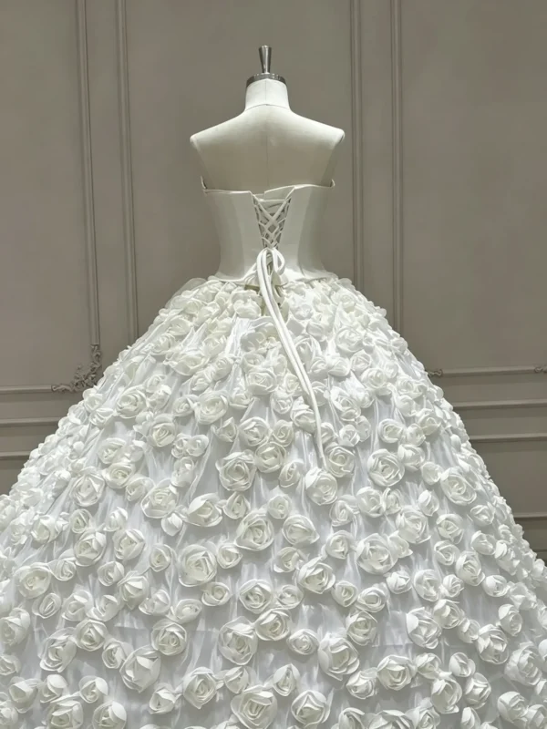Luxury Sleek Bodice Wedding Dress with Voluminous All-Over Floral Rosette Ball Gown