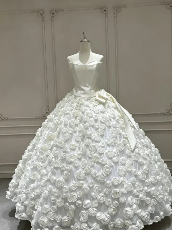 Luxury Sleek Bodice Wedding Dress with Voluminous All-Over Floral Rosette Ball Gown