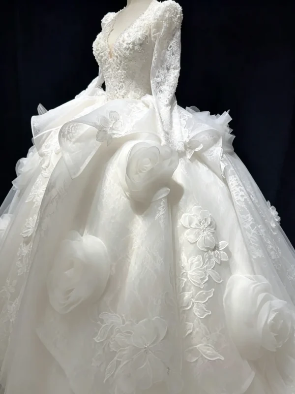 Luxury Long Sleeve Lace Ball Gown - Plunging V-Neck