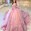 Pink Off-Shoulder Corset Tulle Sweet 16 Ball Gown