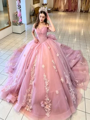 Pink Off-Shoulder Corset Tulle Sweet 16 Ball Gown