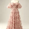 Blush Pink Floral Puff Sleeve Sweet 16 Dress