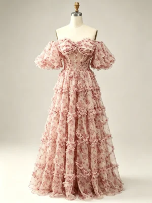 Blush Pink Floral Puff Sleeve Sweet 16 Dress