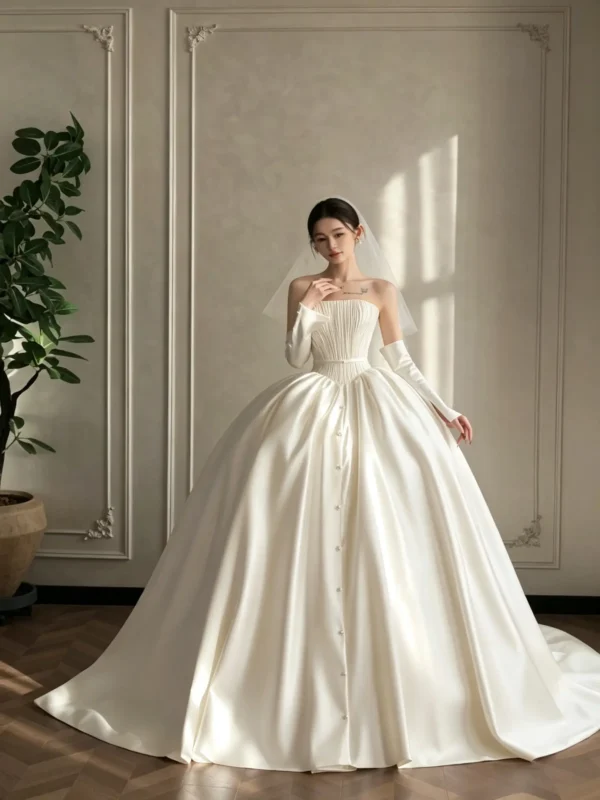 Strapless Satin Corset Wedding Dress with Front Buttons