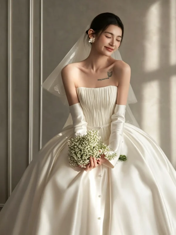 Strapless Satin Corset Wedding Dress with Front Buttons