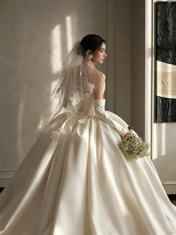 Strapless Satin Corset Wedding Dress with Front Buttons