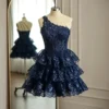 Navy Blue Sequin One-Shoulder Tiered Mini Dress