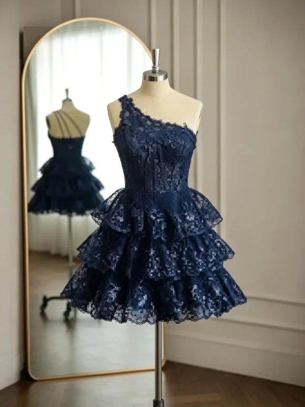 Navy Blue Sequin One-Shoulder Tiered Mini Dress