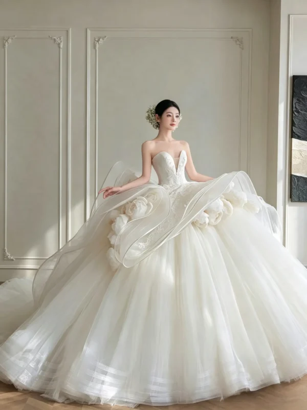 Luxury 3D Floral Ball Gown - Plunge Sweetheart Dress