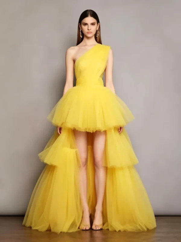 Yellow One-Shoulder High-Low Sweet 16 Tulle Dress