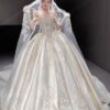 Ivory Off Shoulder Rhinestone Lace Satin Ball Gown Wedding Dress
