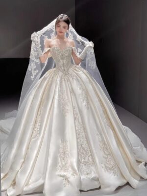 Ivory Off Shoulder Rhinestone Lace Satin Ball Gown Wedding Dress