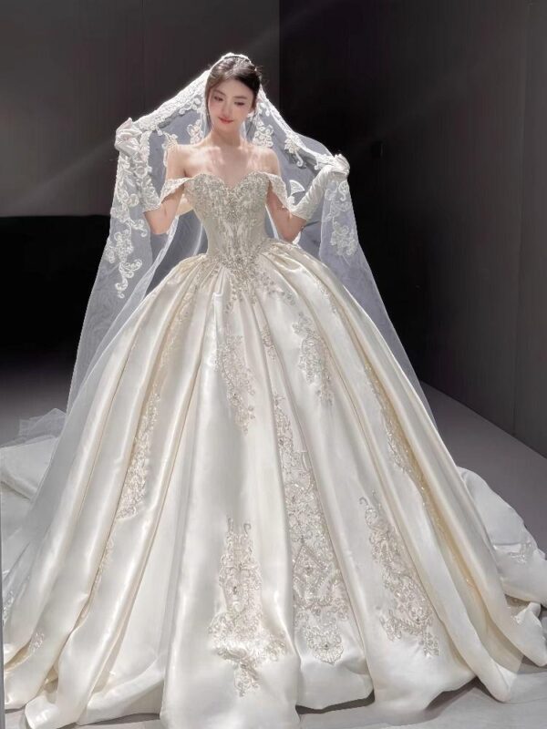 Ivory Off Shoulder Rhinestone Lace Satin Ball Gown Wedding Dress