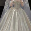 Ivory Off Shoulder Rhinestone Lace Satin Ball Gown Wedding Dress