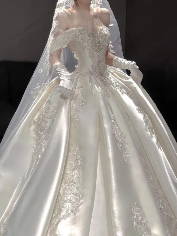 Ivory Off Shoulder Rhinestone Lace Satin Ball Gown Wedding Dress