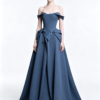 Dusty Blue Off Shoulder Big Bow Satin A Line Formal Evening Gown Maxi Dress
