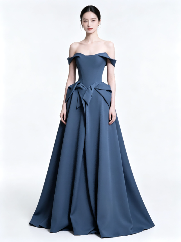 Dusty Blue Off Shoulder Big Bow Satin A Line Formal Evening Gown Maxi Dress