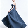 Dusty Blue Off Shoulder Big Bow Satin A Line Formal Evening Gown Maxi Dress