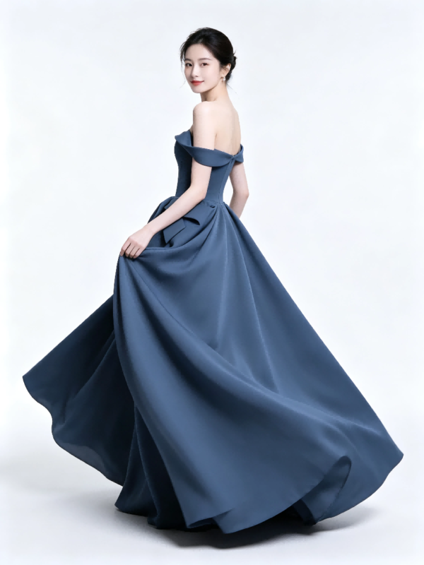 Dusty Blue Off Shoulder Big Bow Satin A Line Formal Evening Gown Maxi Dress