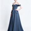 Dusty Blue Off Shoulder Big Bow Satin A Line Formal Evening Gown Maxi Dress