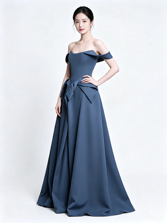Dusty Blue Off Shoulder Big Bow Satin A Line Formal Evening Gown Maxi Dress
