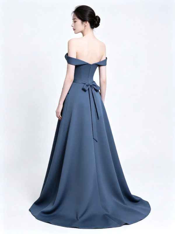 Dusty Blue Off Shoulder Big Bow Satin A Line Formal Evening Gown Maxi Dress
