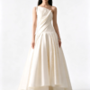 Ivory One Shoulder Draped Satin Pleated High Low A Line Formal Evening Gown Maxi Dress