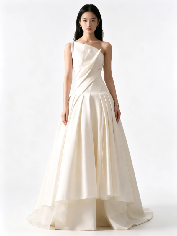 Ivory One Shoulder Draped Satin Pleated High Low A Line Formal Evening Gown Maxi Dress