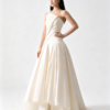 Ivory One Shoulder Draped Satin Pleated High Low A Line Formal Evening Gown Maxi Dress