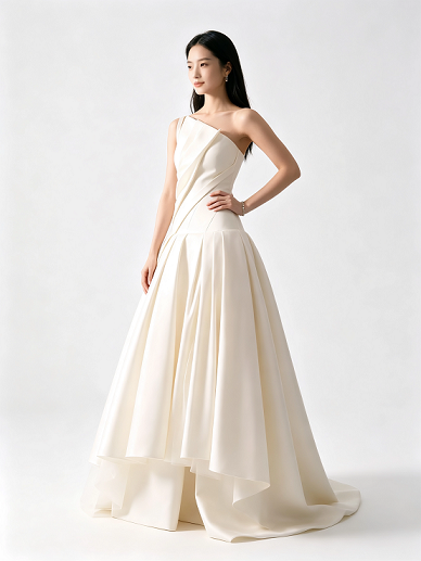 Ivory One Shoulder Draped Satin Pleated High Low A Line Formal Evening Gown Maxi Dress