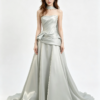 Silver Gray Strapless Choker Satin Dress With Waist Bow Long Train Formal Evening Maxi Gown