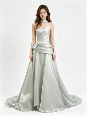 Silver Gray Strapless Choker Satin Dress With Waist Bow Long Train Formal Evening Maxi Gown