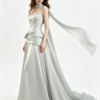 Silver Gray Strapless Choker Satin Dress With Waist Bow Long Train Formal Evening Maxi Gown