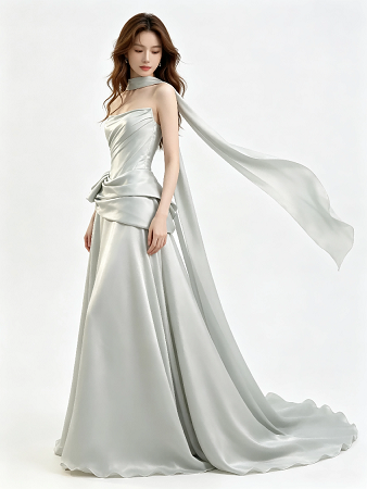 Silver Gray Strapless Choker Satin Dress With Waist Bow Long Train Formal Evening Maxi Gown