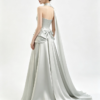 Silver Gray Strapless Choker Satin Dress With Waist Bow Long Train Formal Evening Maxi Gown
