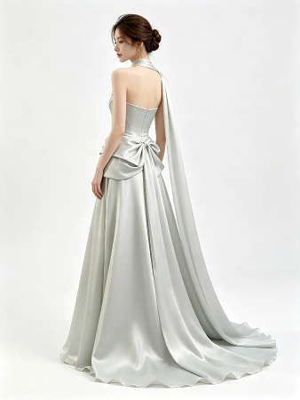 Silver Gray Strapless Choker Satin Dress With Waist Bow Long Train Formal Evening Maxi Gown