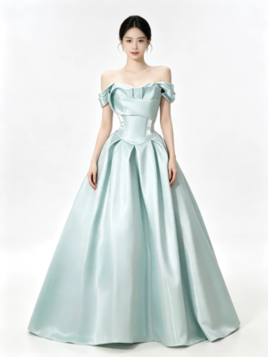 Mint Green Off Shoulder Ruffle Satin Corset A Line Formal Ball Gown Maxi Dress
